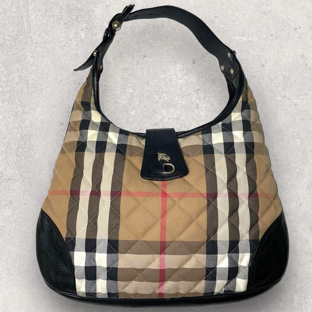 Burberry Twill Quilted Nova Check Hobo Shoulder Bag Purse
